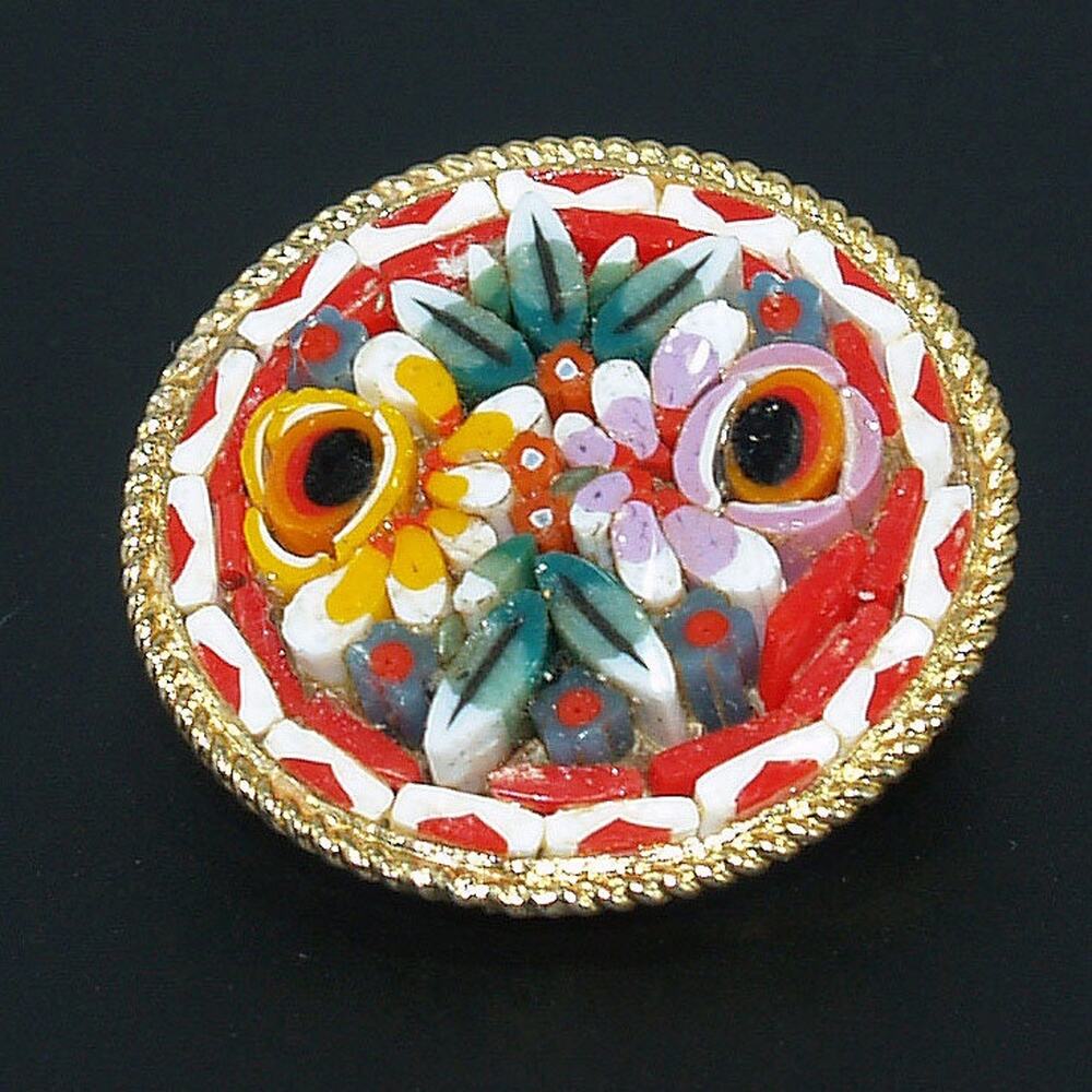 1950s Italian Micro Mosaic Brooch Floral Raised Design Gold Frame Italy
